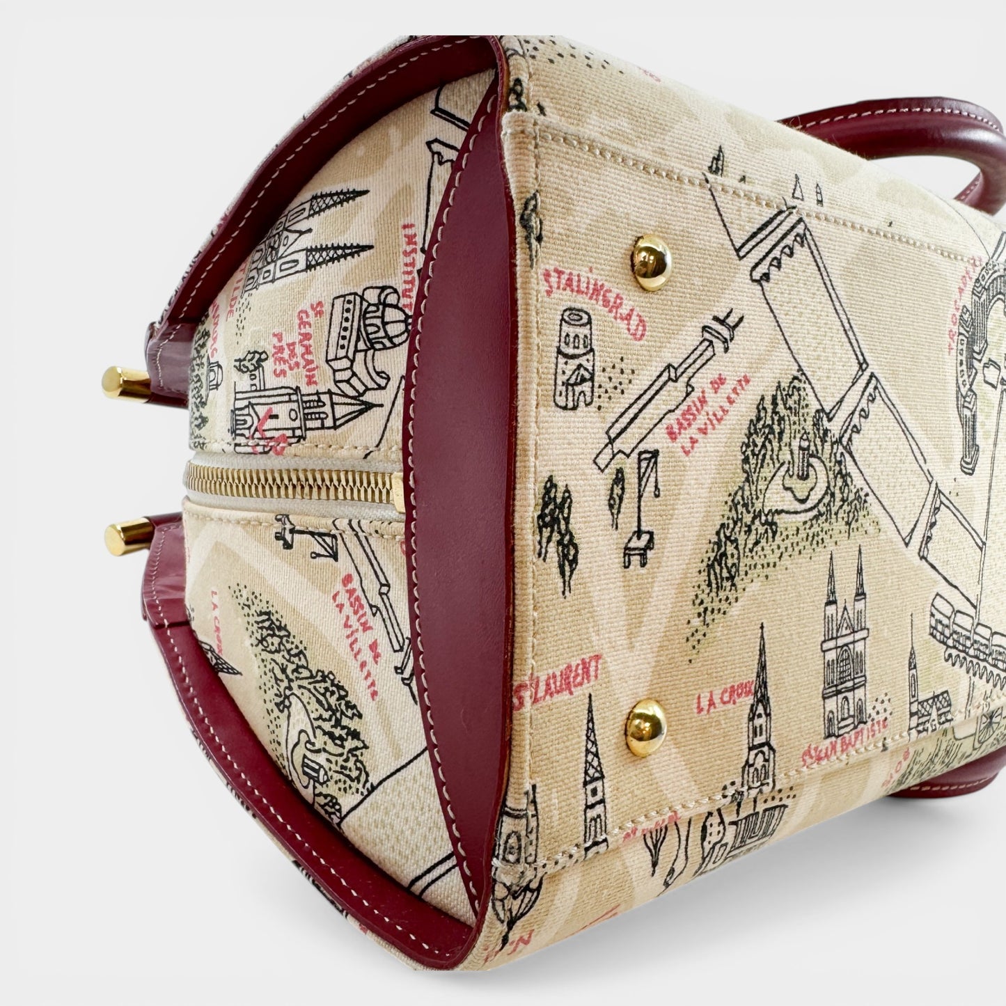 Lancel Paris Canvas & Red Leather Top Handle Bag