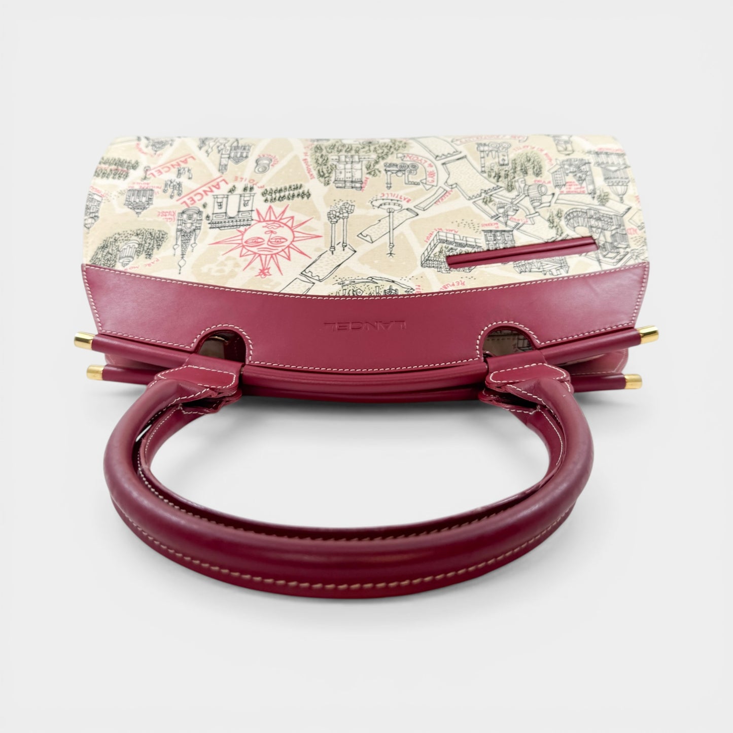 Lancel Paris Canvas & Red Leather Top Handle Bag