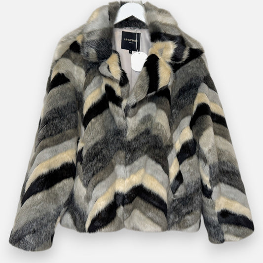 Le Superbe Black Grey Cream Chevron Faux Fur Jacket L ~ AU14