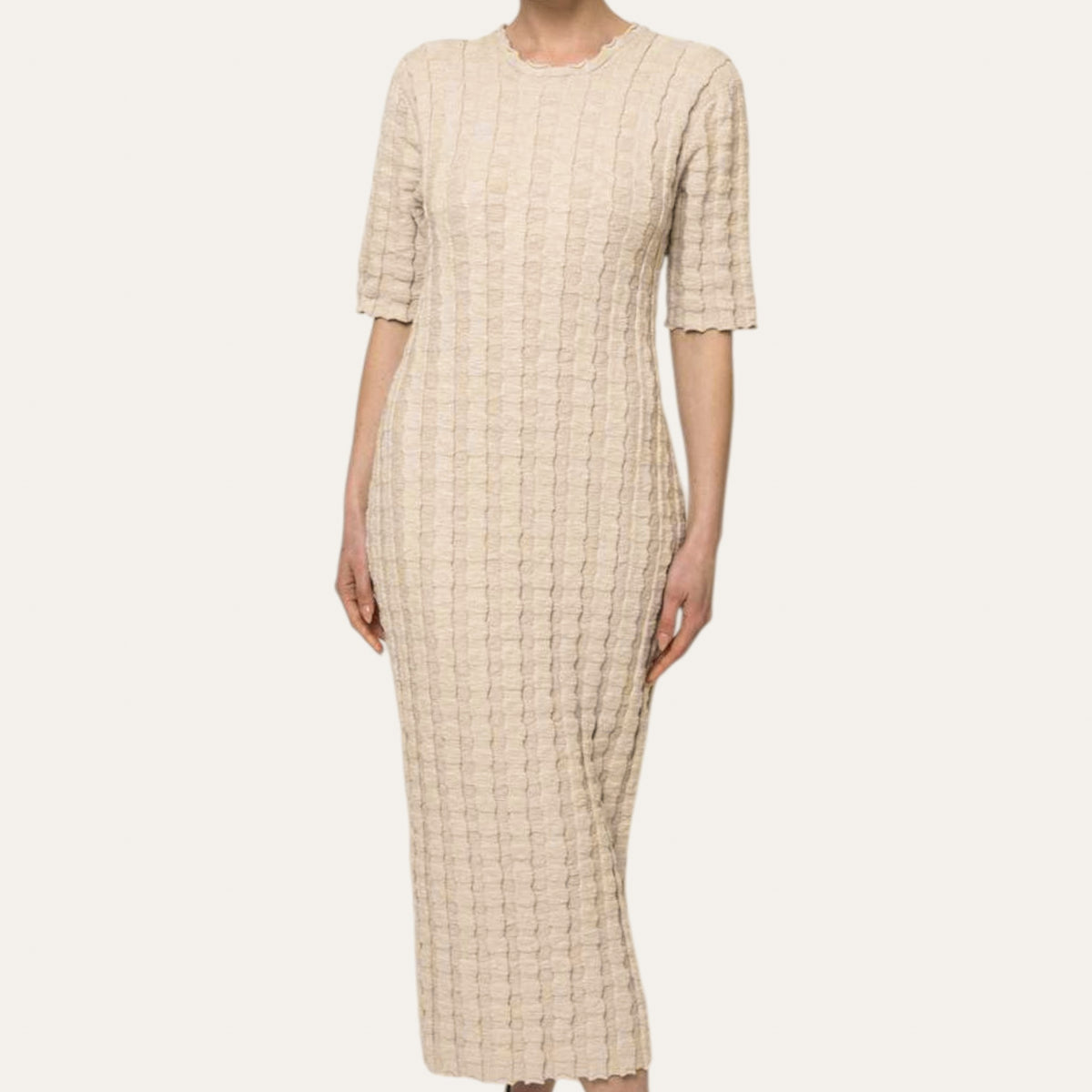 Lauren Manoogian Beige Cream Bubble Ribbed Cotton-blend Midi Dress 2 ~ Medium ~ AU10-12