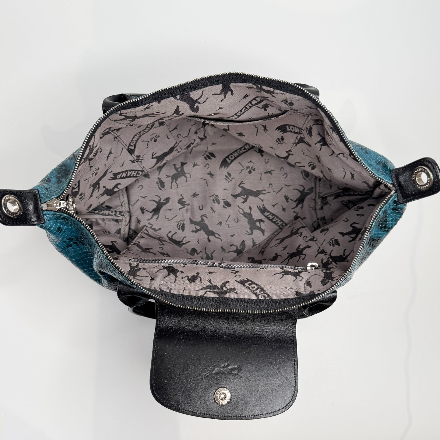 Longchamp Le Pliage Teal Blue Leather Tote Bag