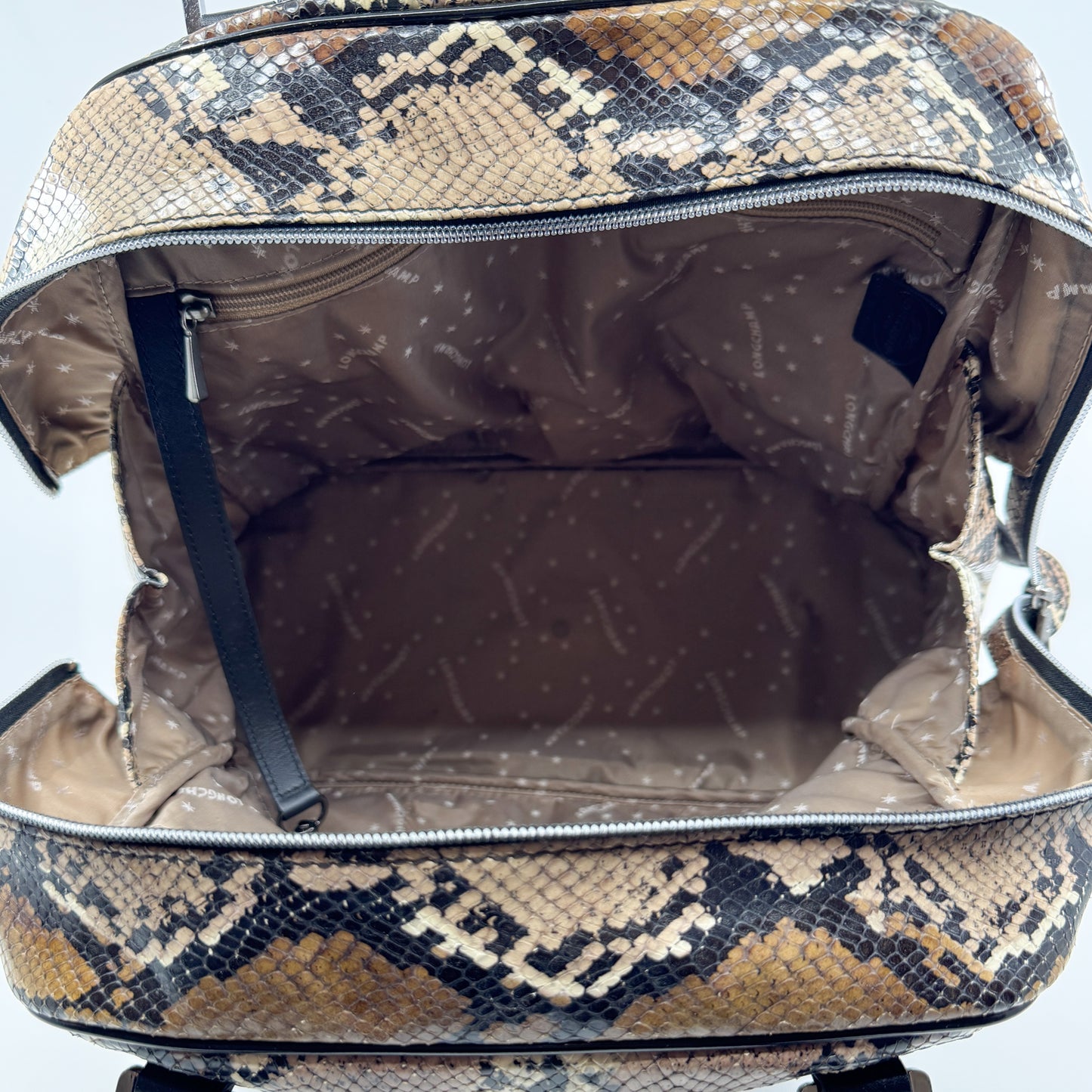 Longchamp Brown Beige Snake Effect Cosmos Top Handle Bag