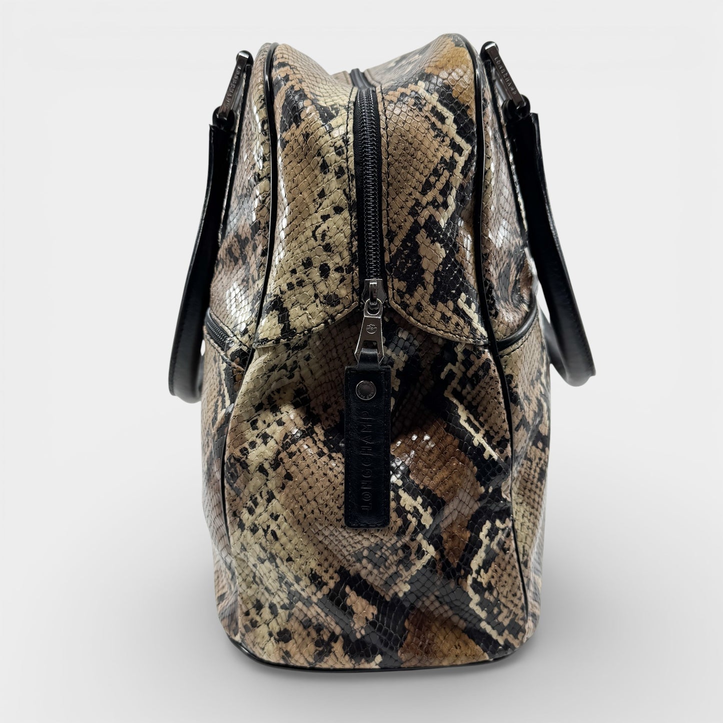 Longchamp Brown Beige Snake Effect Cosmos Top Handle Bag