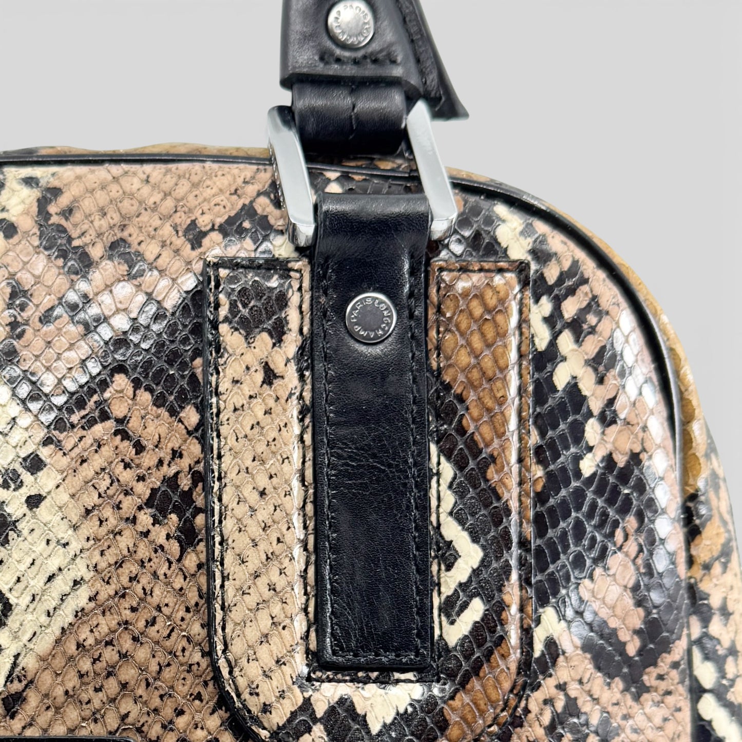 Longchamp Brown Beige Snake Effect Cosmos Top Handle Bag