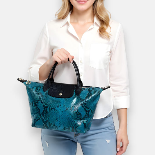 Longchamp Le Pliage Teal Blue Leather Tote Bag