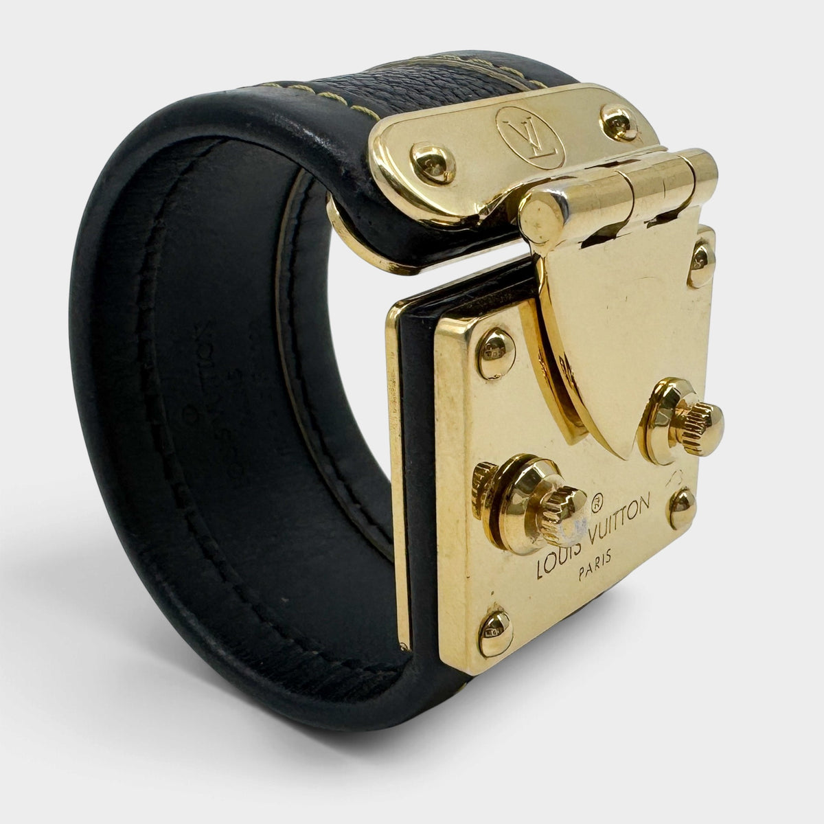 Louis Vuitton Suhali Dark Black Brown Leather S Lock Gold Cuff Bracelet Size S