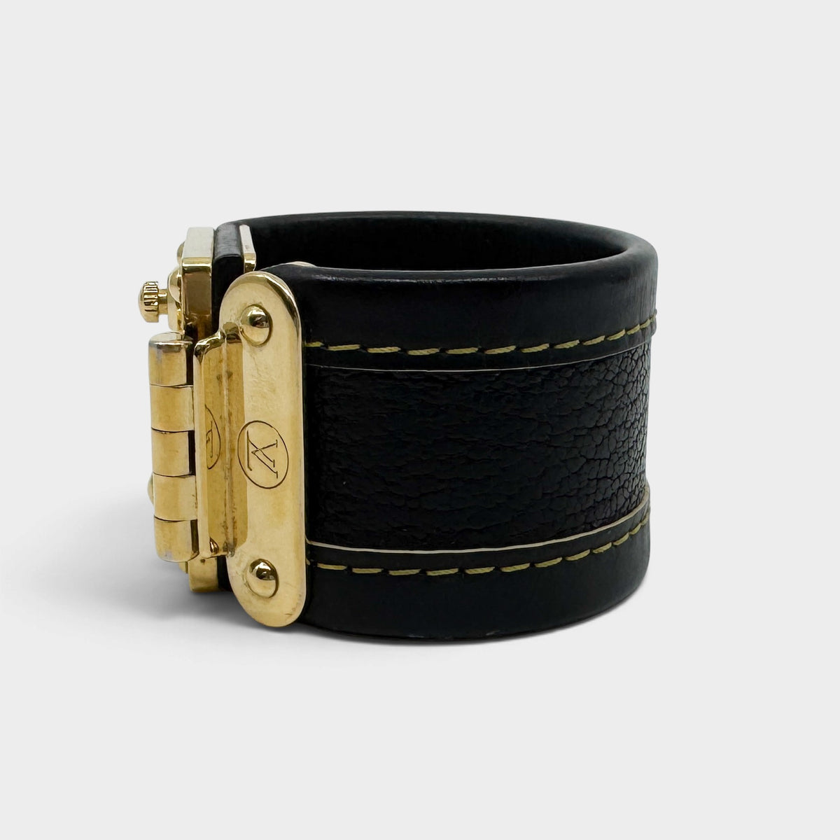 Louis Vuitton Suhali Dark Black Brown Leather S Lock Gold Cuff Bracelet Size S
