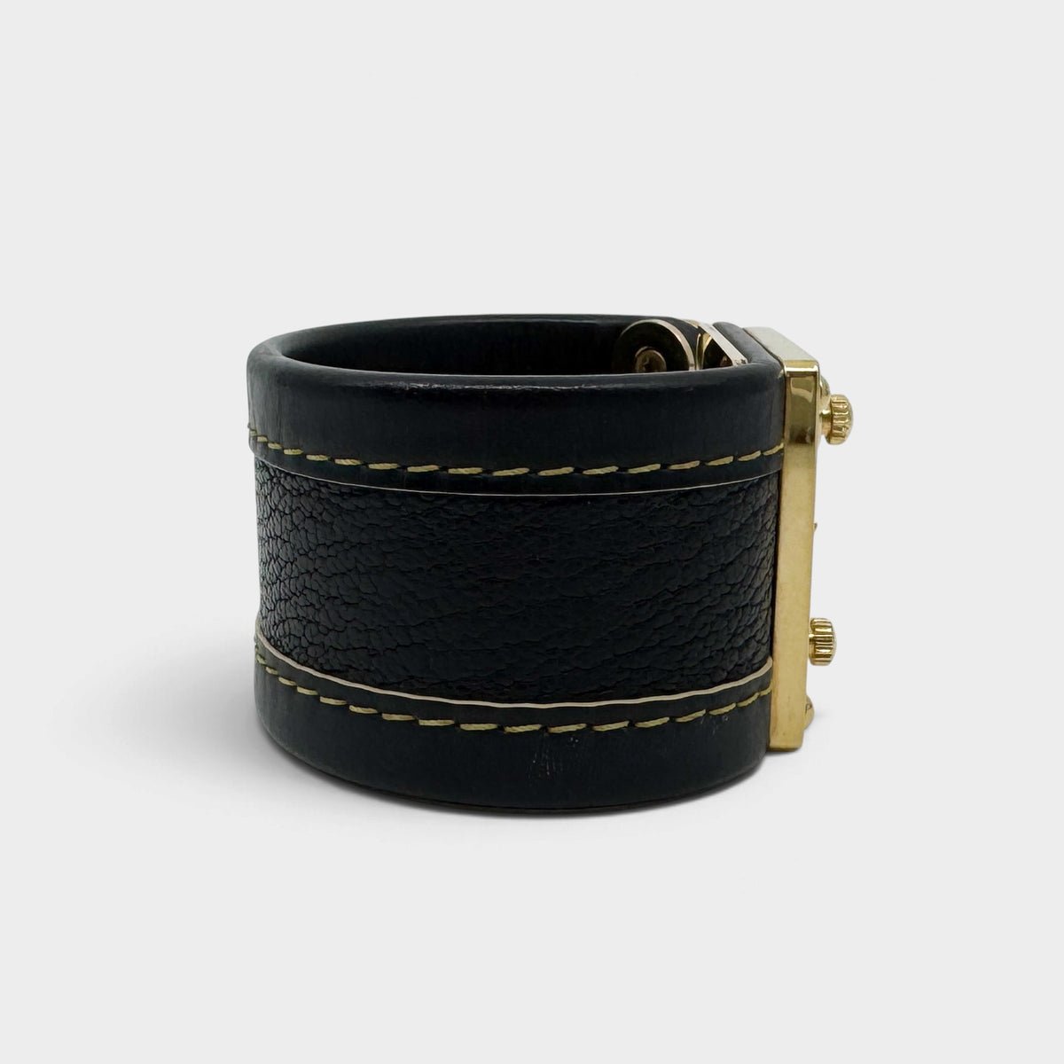 Louis Vuitton Suhali Dark Black Brown Leather S Lock Gold Cuff Bracelet Size S