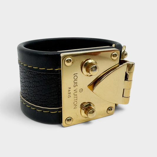 Louis Vuitton Suhali Dark Black Brown Leather S Lock Gold Cuff Bracelet Size S