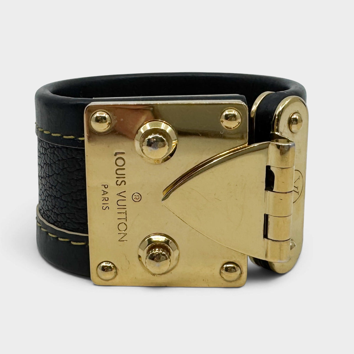 Louis Vuitton Suhali Dark Black Brown Leather S Lock Gold Cuff Bracelet Size S