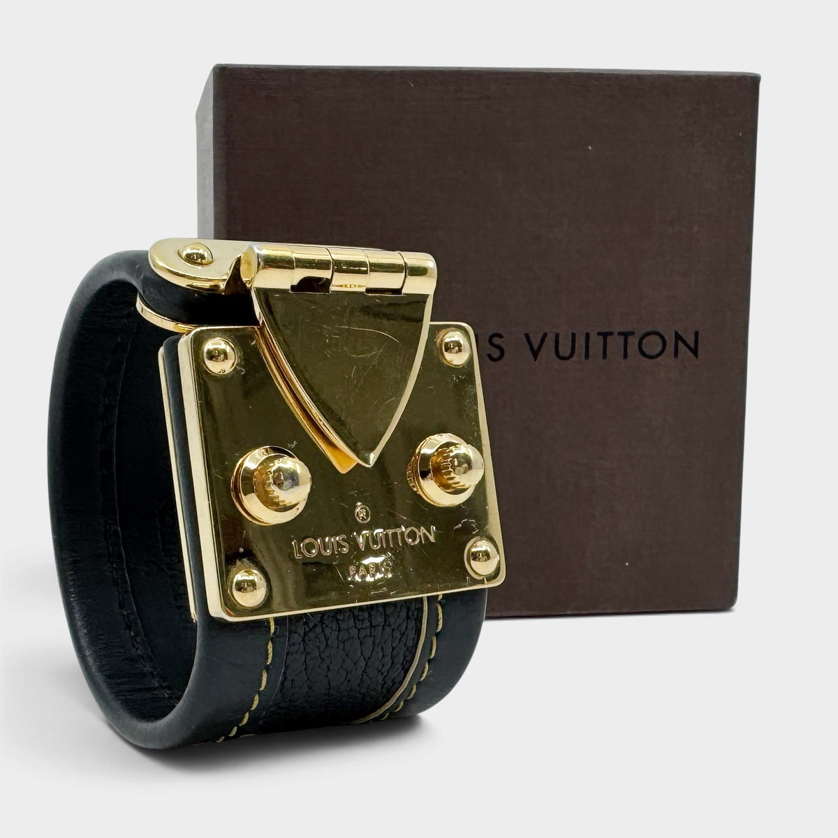 Louis Vuitton Suhali Dark Black Brown Leather S Lock Gold Cuff Bracelet Size S