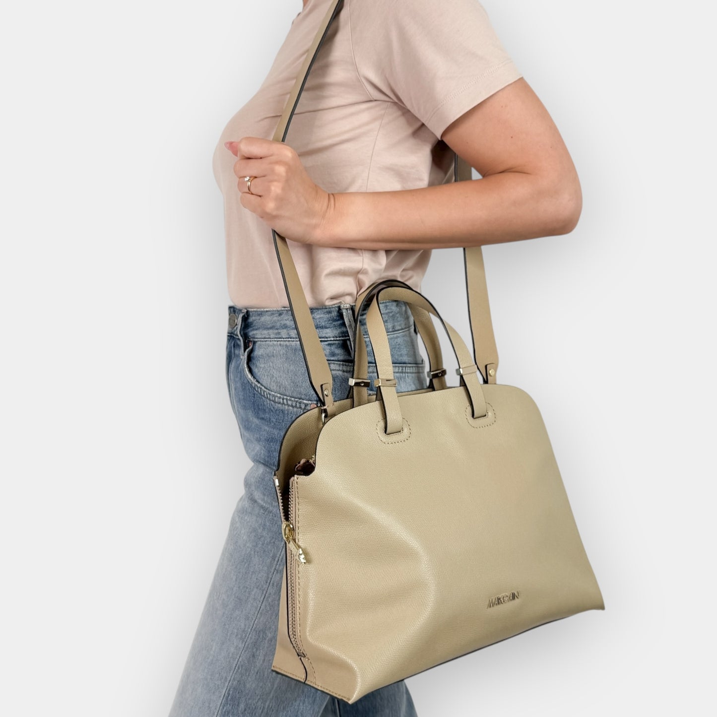Marc Cain Beige Pebbled Leather Tote Bag