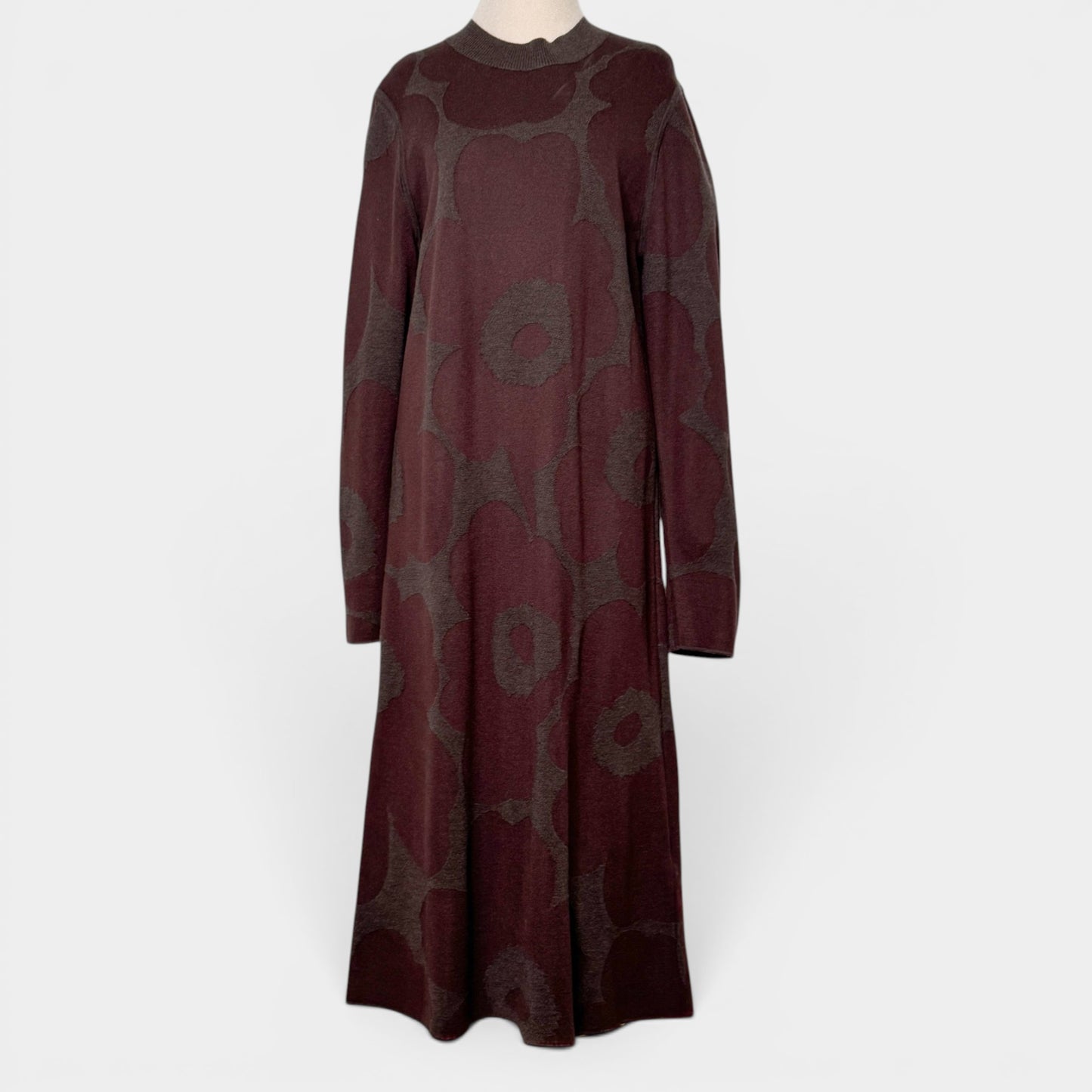 Marimekko Brown  Karmiini Unikko Jacquard Knit Midi Dress Large ~ AU12-14