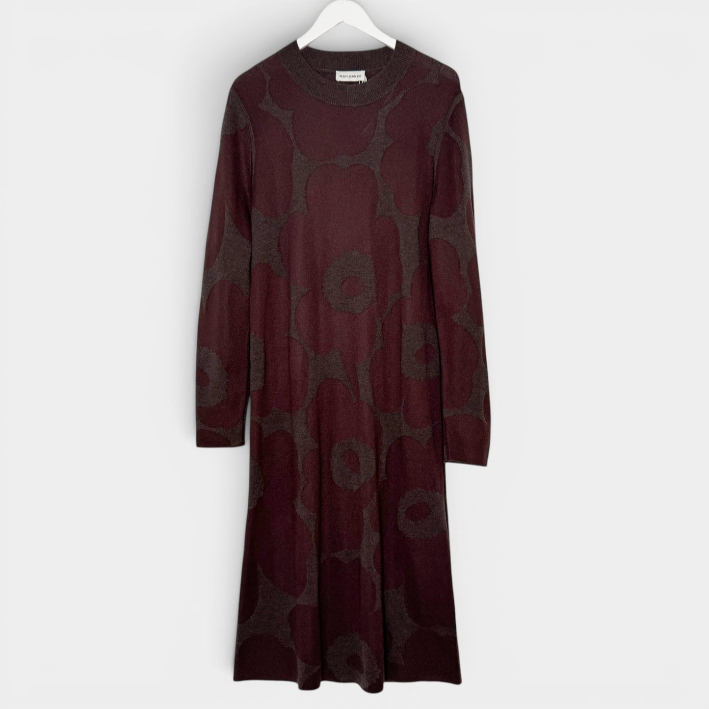 Marimekko Brown  Karmiini Unikko Jacquard Knit Midi Dress Large ~ AU12-14