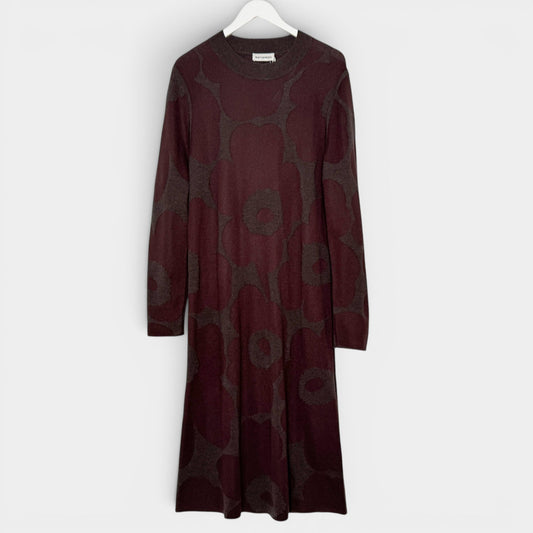 Marimekko Brown  Karmiini Unikko Jacquard Knit Midi Dress Large ~ AU12-14