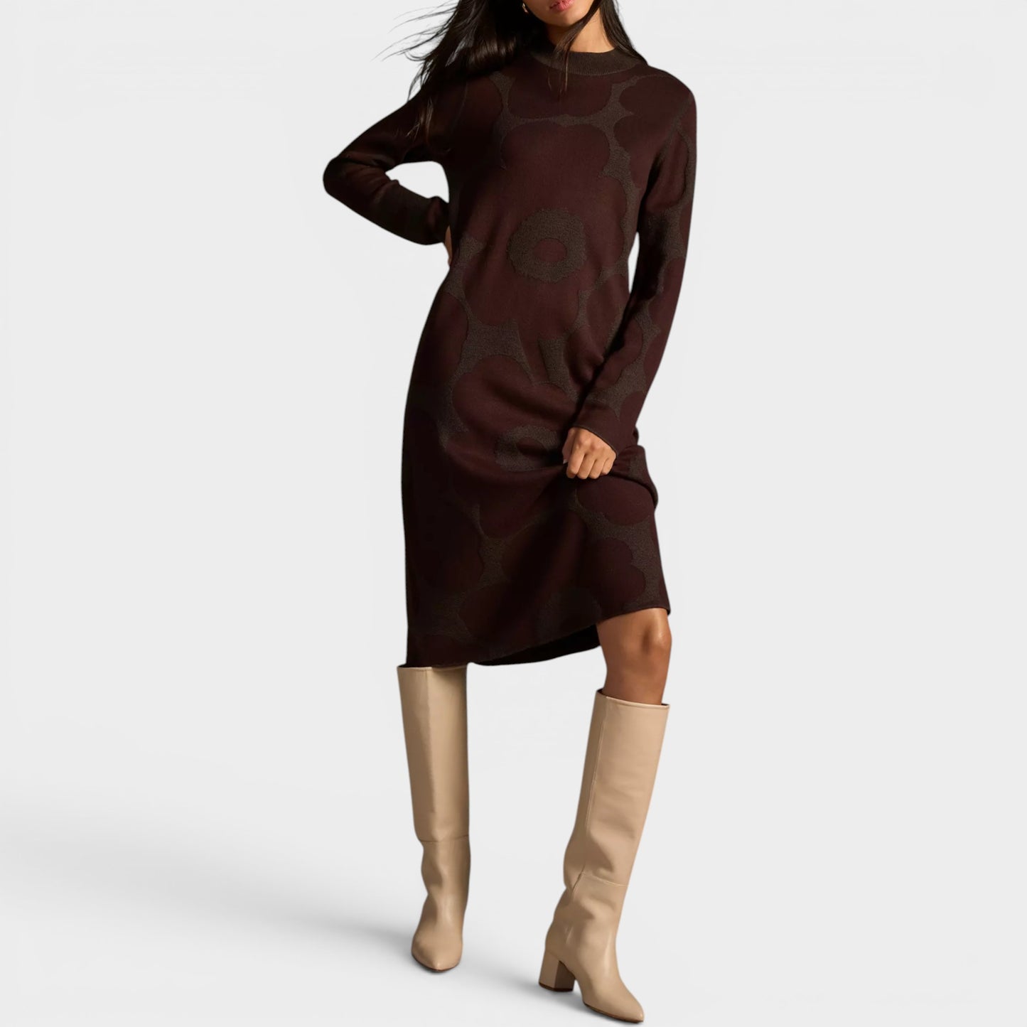 Marimekko Brown  Karmiini Unikko Jacquard Knit Midi Dress Large ~ AU12-14
