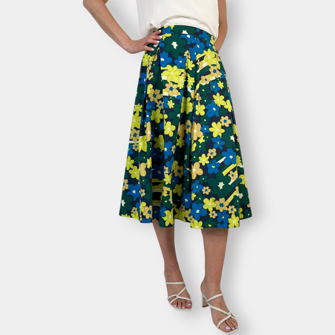 Marni Blue, Yellow & Green Cotton Pleated Skirt IT42 ~ AU10 [NEW]