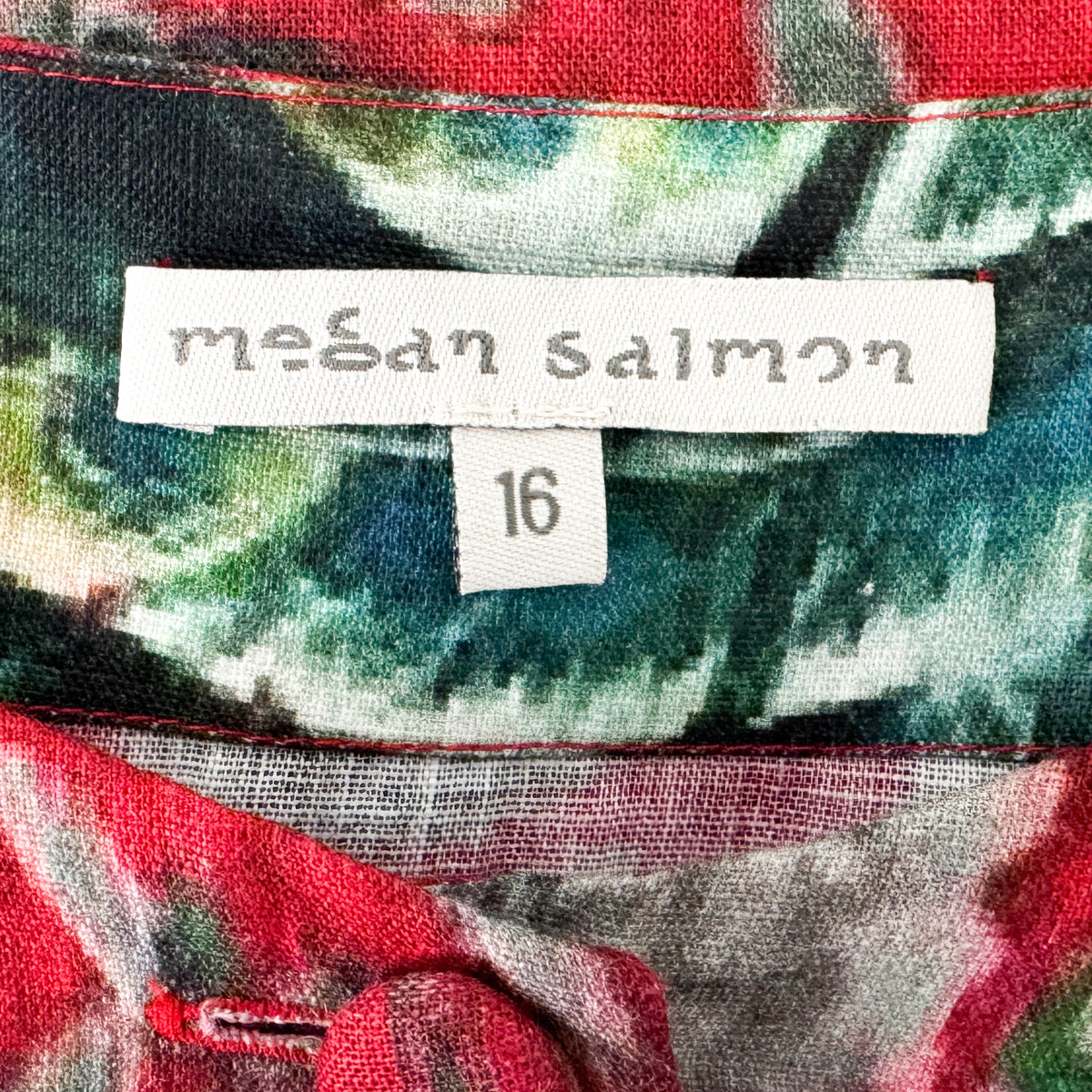 Megan Salmon Red Peacock Print Linen Button Front Dress AU16 ~ Large