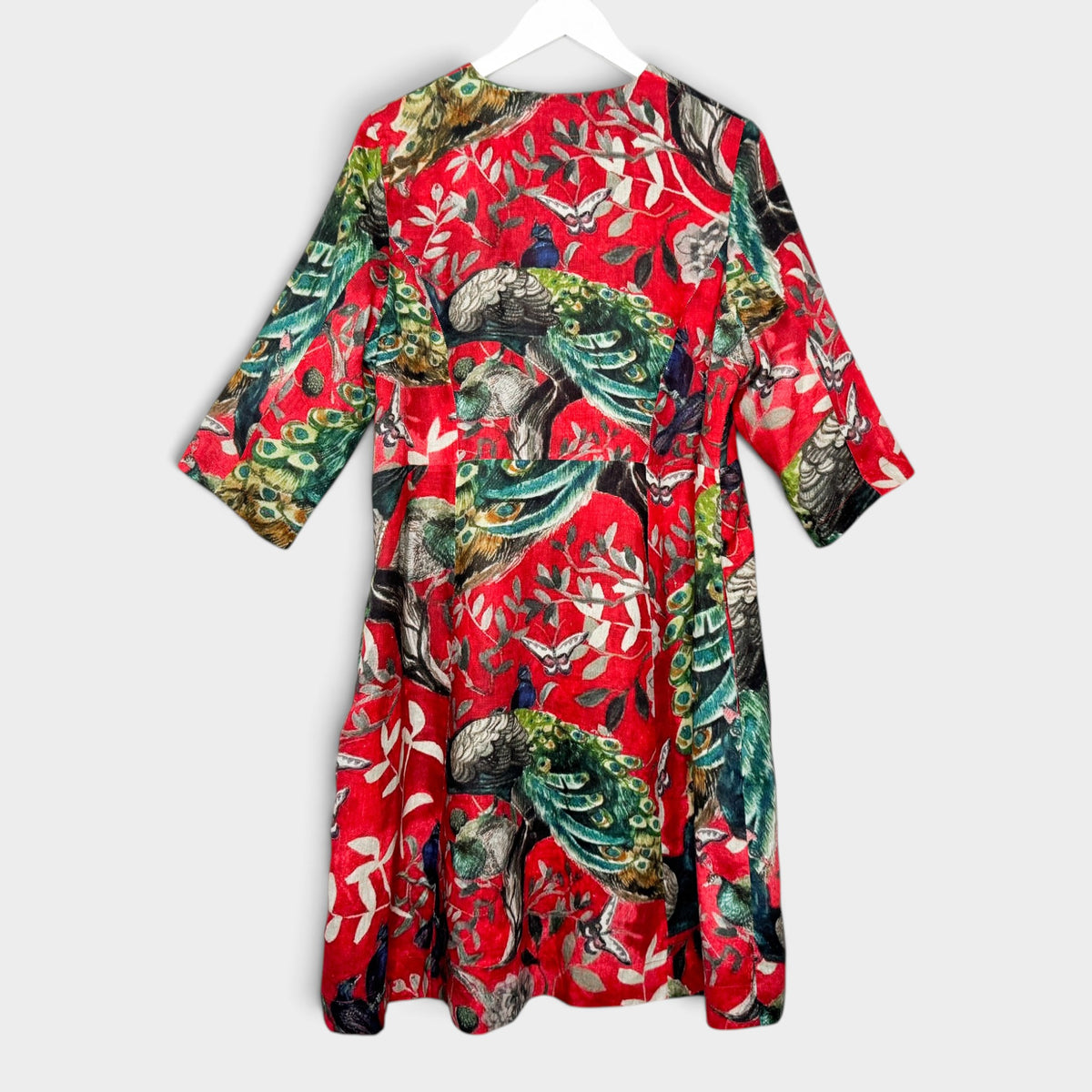 Megan Salmon Red Peacock Print Linen Button Front Dress AU16 ~ Large