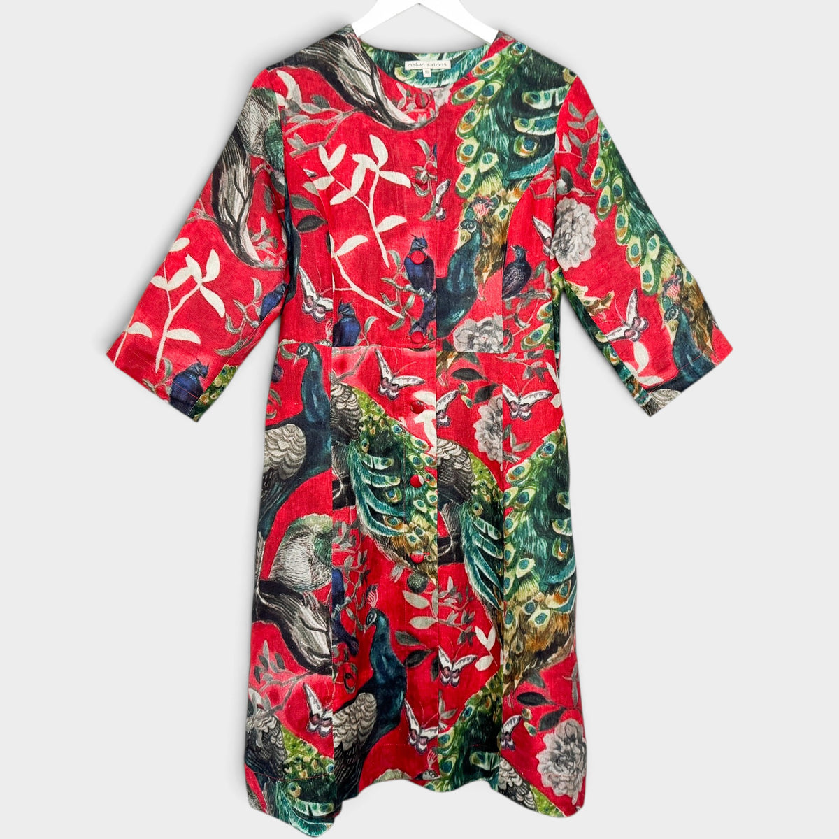 Megan Salmon Red Peacock Print Linen Button Front Dress AU16 ~ Large