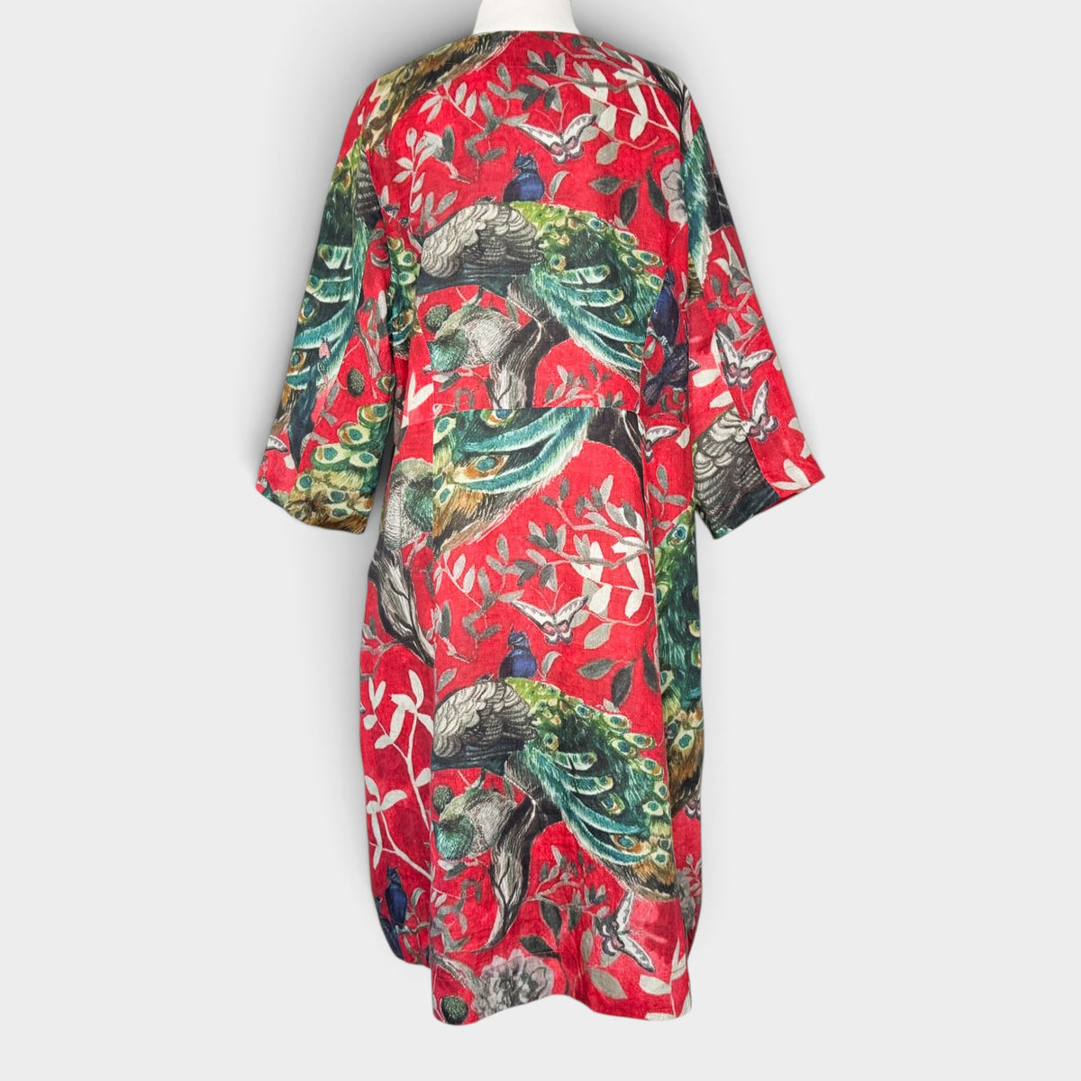 Megan Salmon Red Peacock Print Linen Button Front Dress AU16 ~ Large