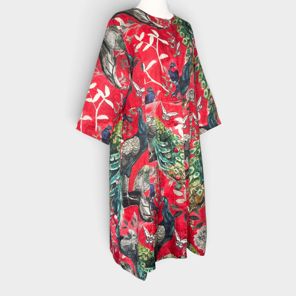 Megan Salmon Red Peacock Print Linen Button Front Dress AU16 ~ Large