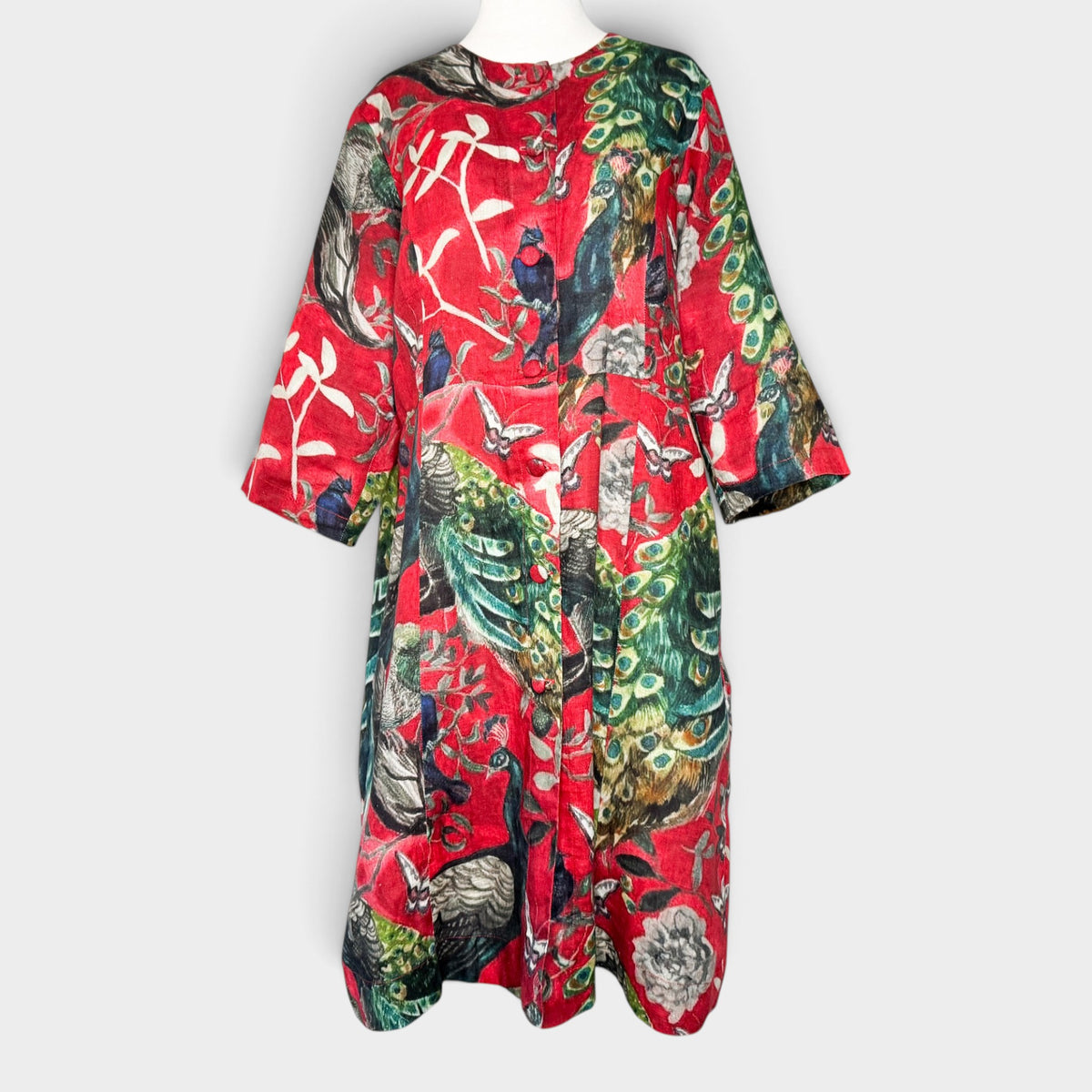 Megan Salmon Red Peacock Print Linen Button Front Dress AU16 ~ Large