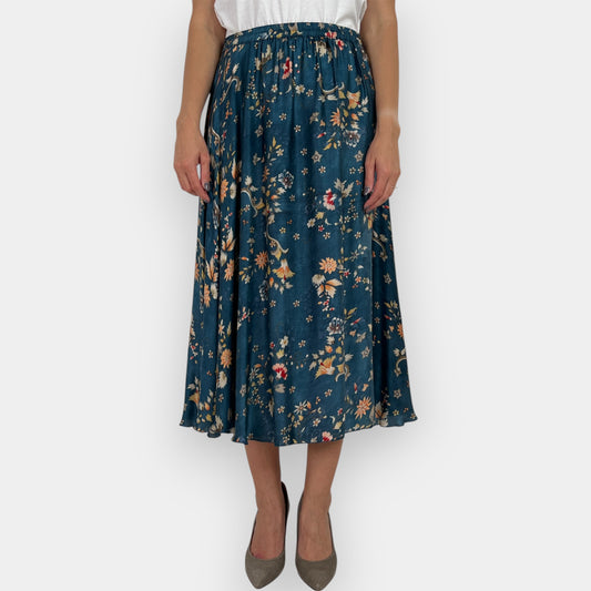 Mes Demoiselles Deep Teal Floral Viscose Skirt FR42 ~ AU14