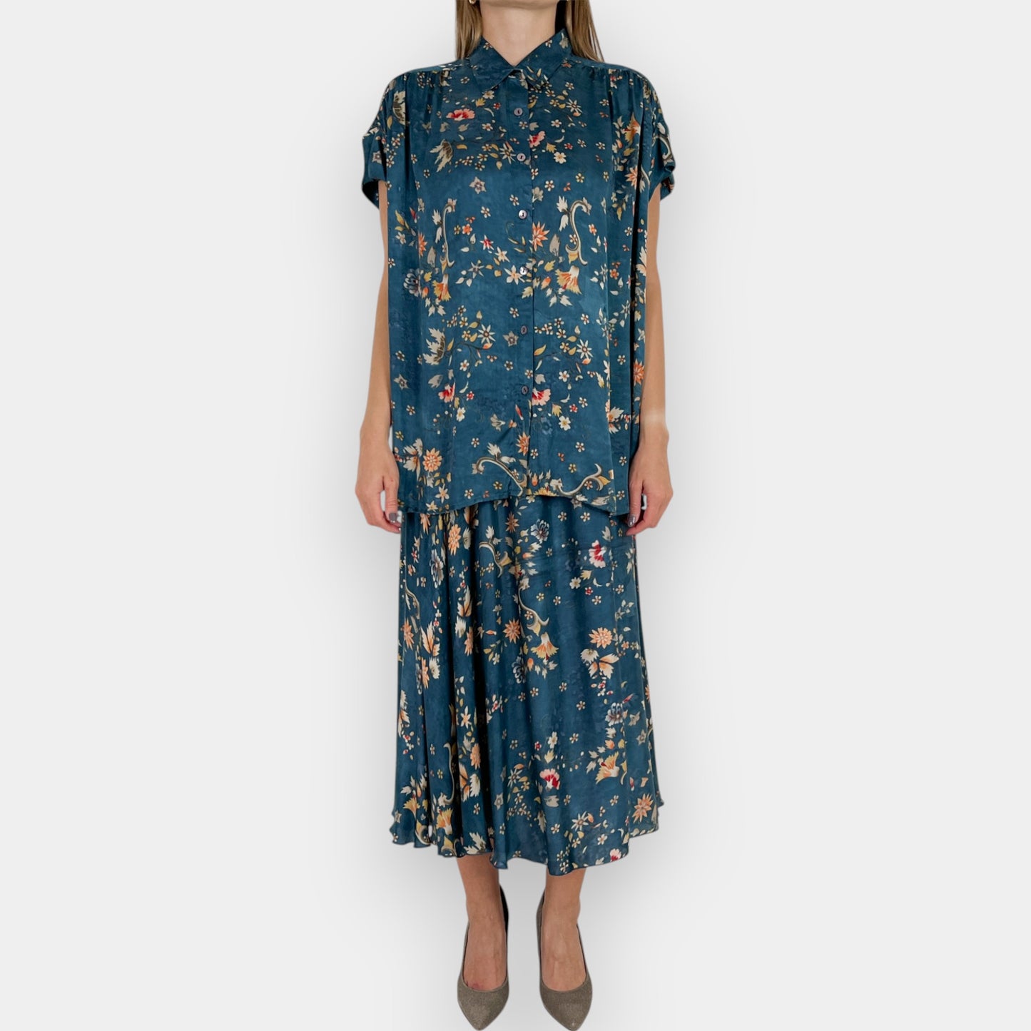 Mes Demoiselles Deep Teal Floral Viscose Blouse FR42 ~ AU14 [NEW]