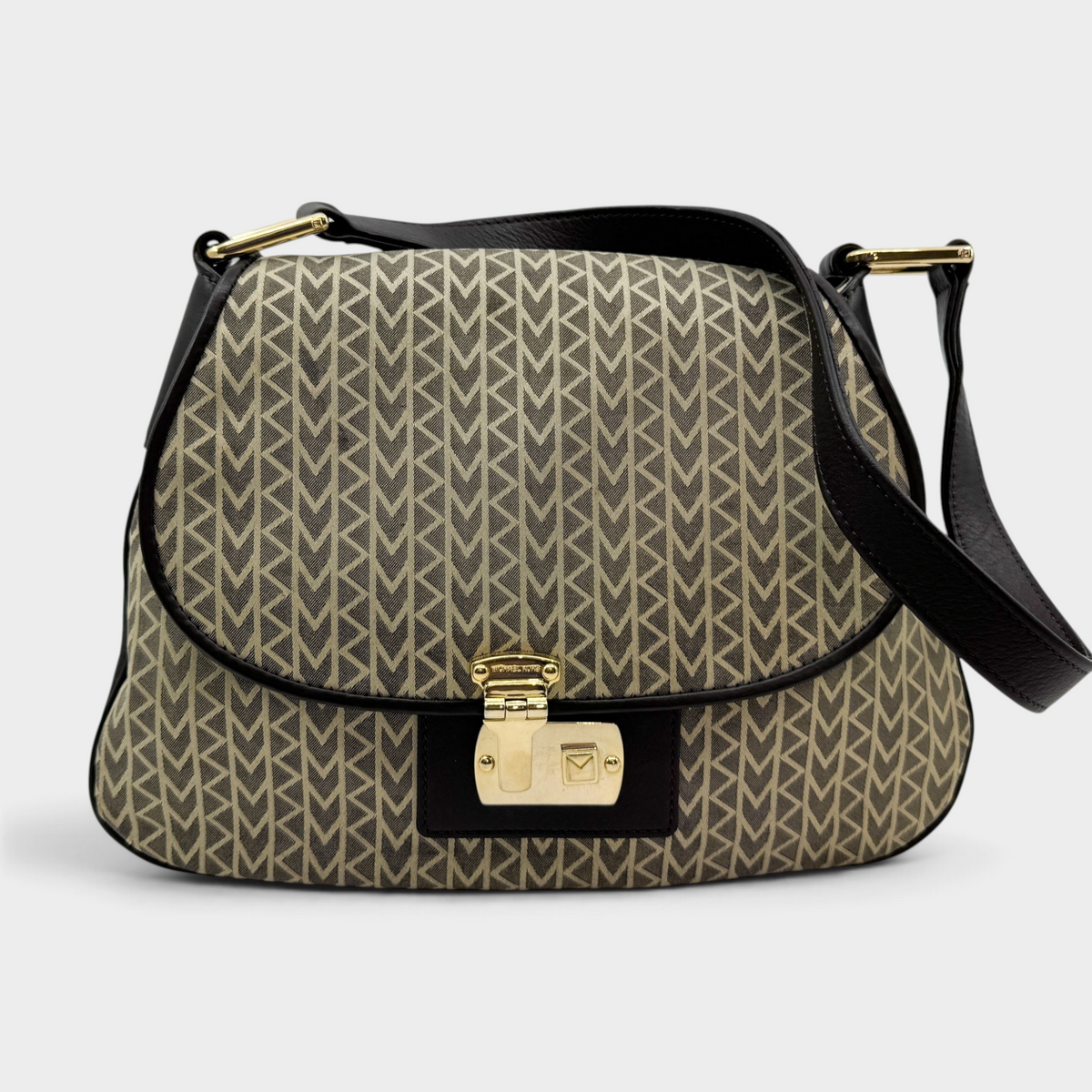 Studio61 Preloved Boutique Sydney vintage Michael Kors monogram jacquard shoulder bag with brown leather and gold clasp