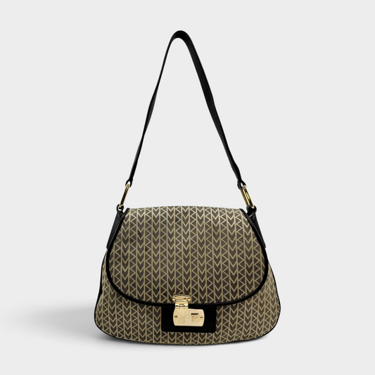 Studio61 Preloved Boutique Sydney vintage Michael Kors monogram jacquard shoulder bag with brown leather trim