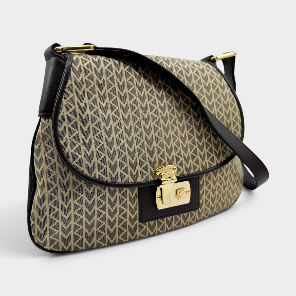 Studio61 Preloved Boutique Sydney vintage Michael Kors monogram jacquard shoulder bag with brown leather and gold clasp