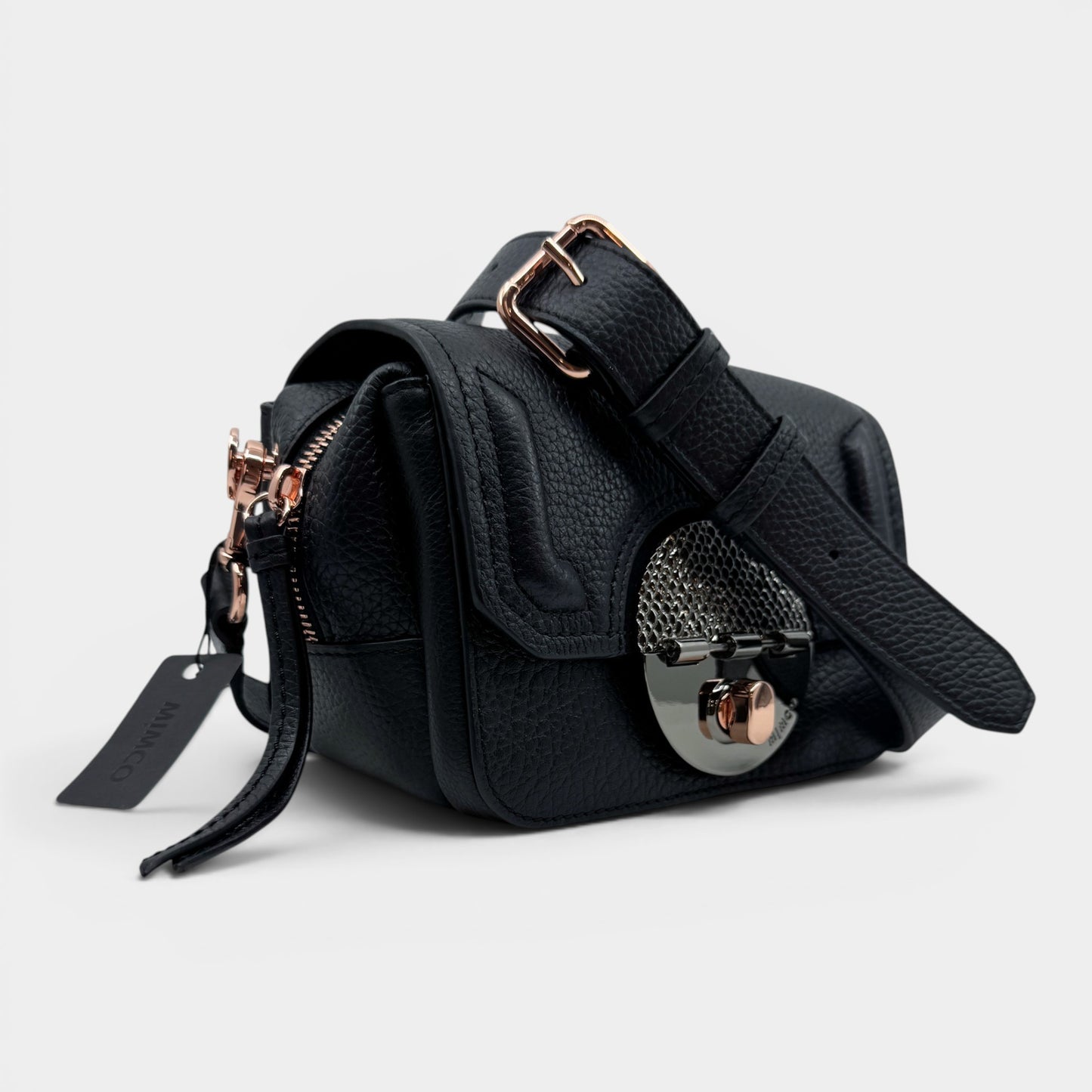 Mimco Black Grainy Leather Turn Lock Hip Crossbody Bag [NEW]