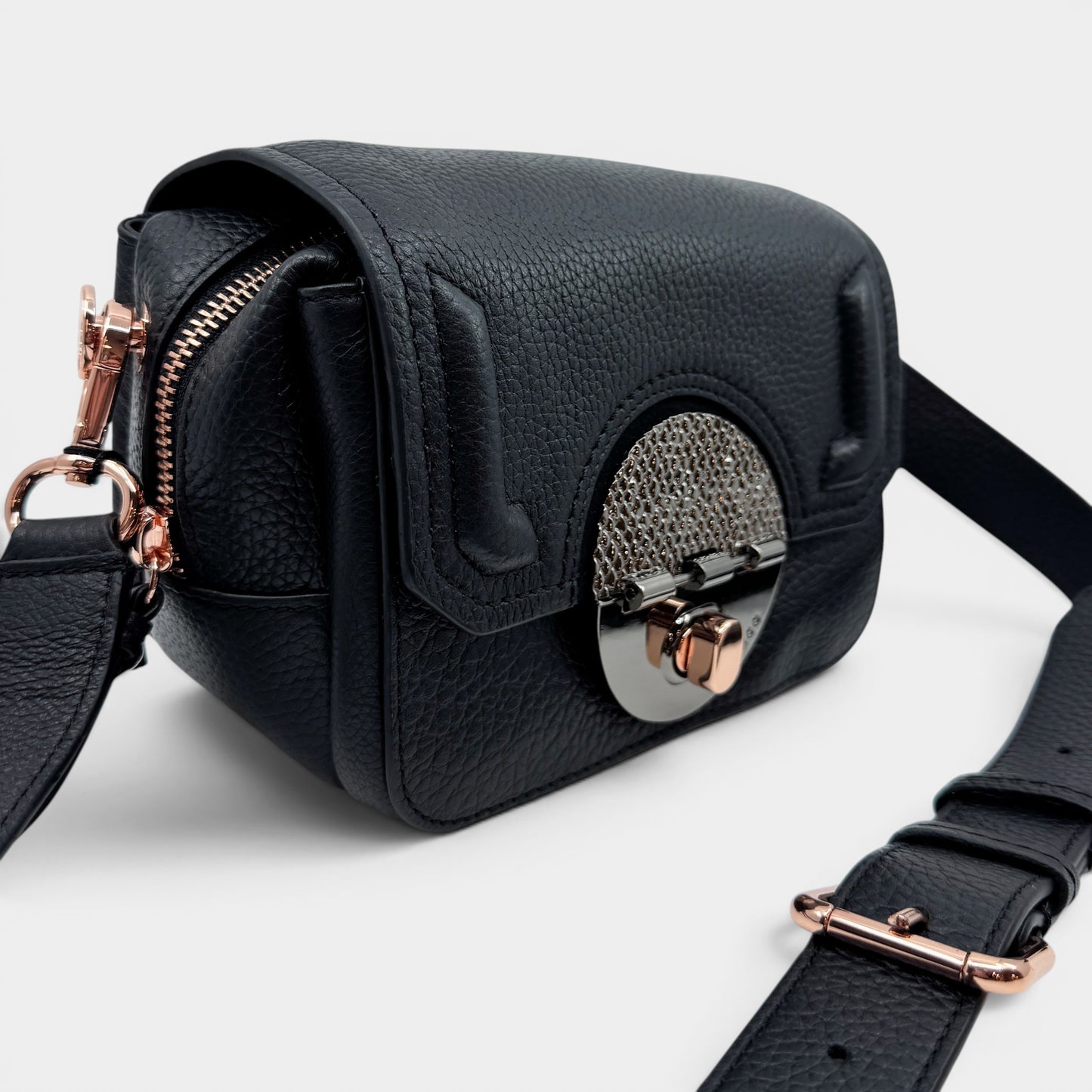Mimco Black Grainy Leather Turn Lock Hip Crossbody Bag [NEW]