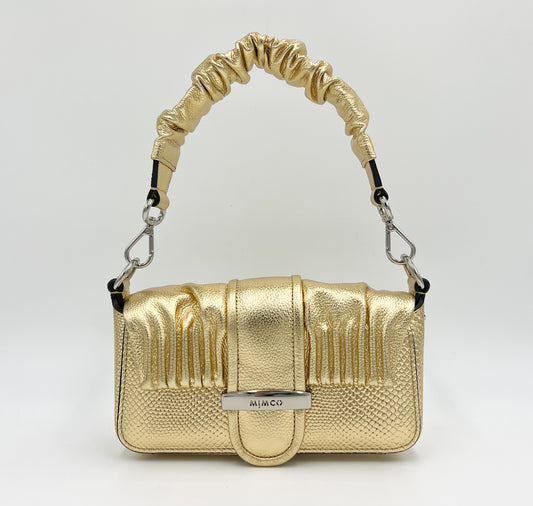 Mimco Ruched Gold Leather 'Drama' Evening Shoulder Bag