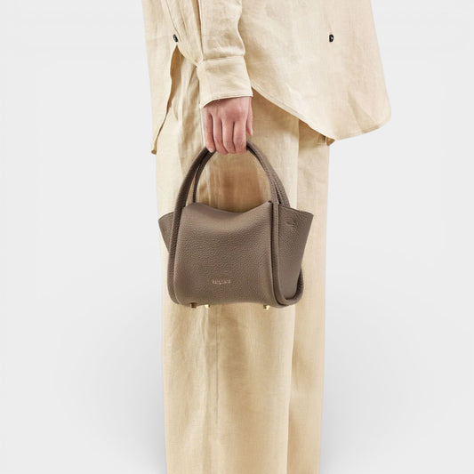 Songmont Taupe Brown Grainy Leather Top Handle Mini Tote Bag