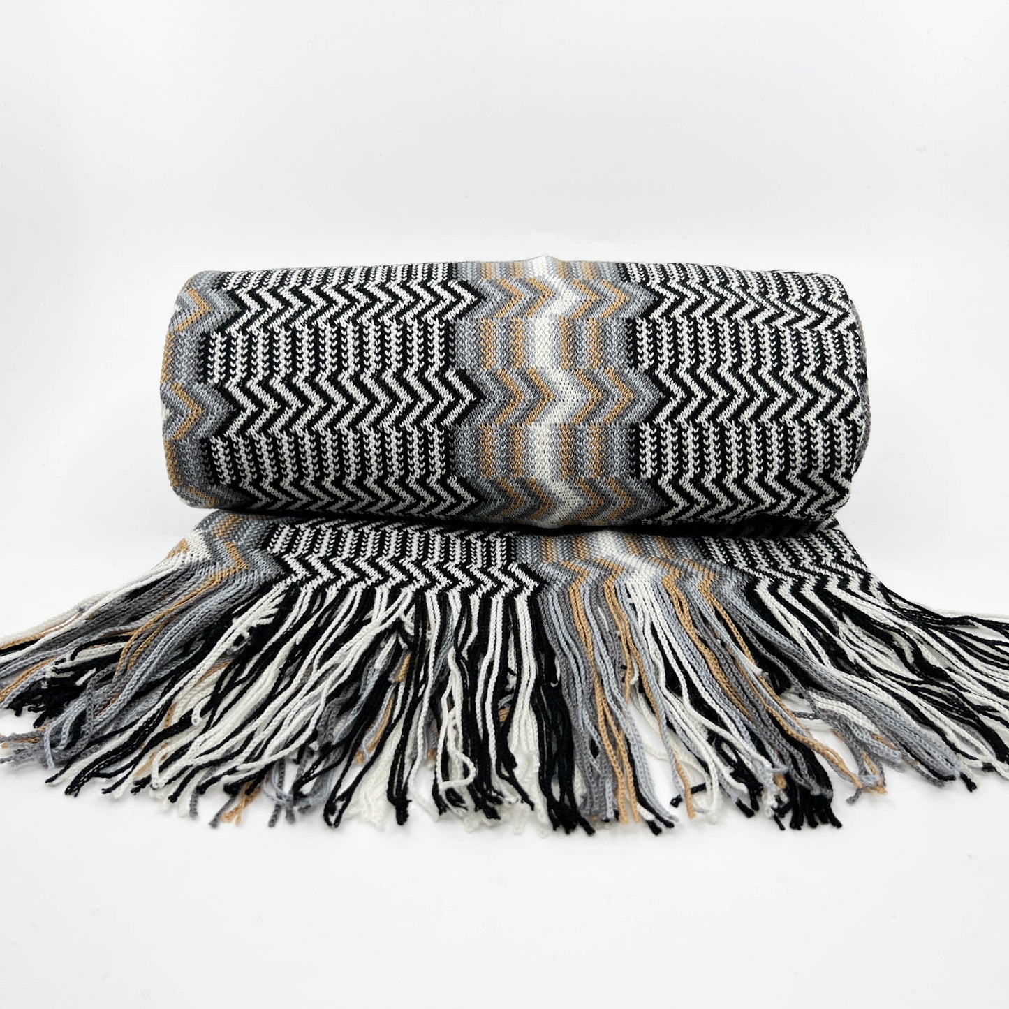 Missoni Black, White, Grey & Gold Knit 100% Wool Scarf