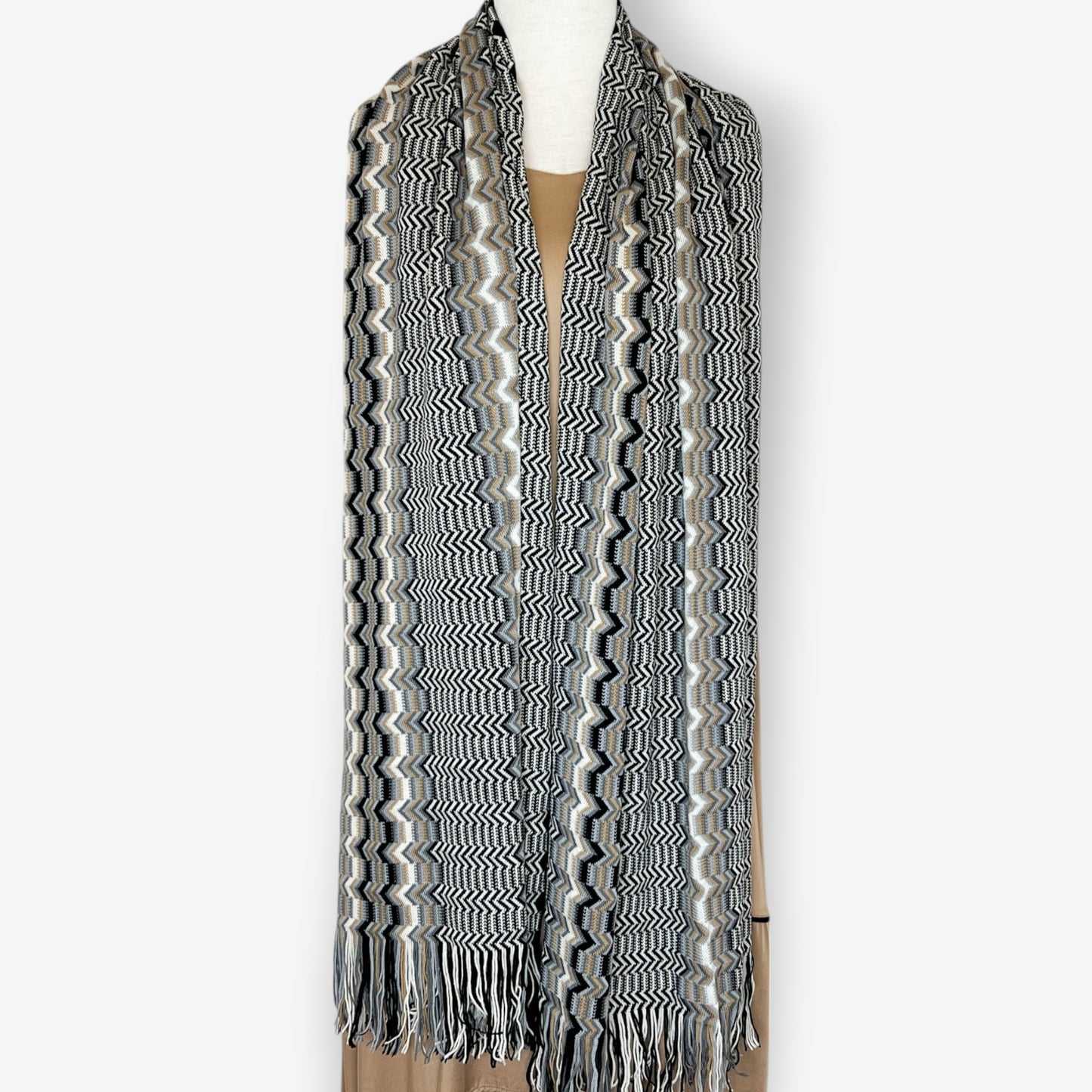 Missoni Black, White, Grey & Gold Knit 100% Wool Scarf