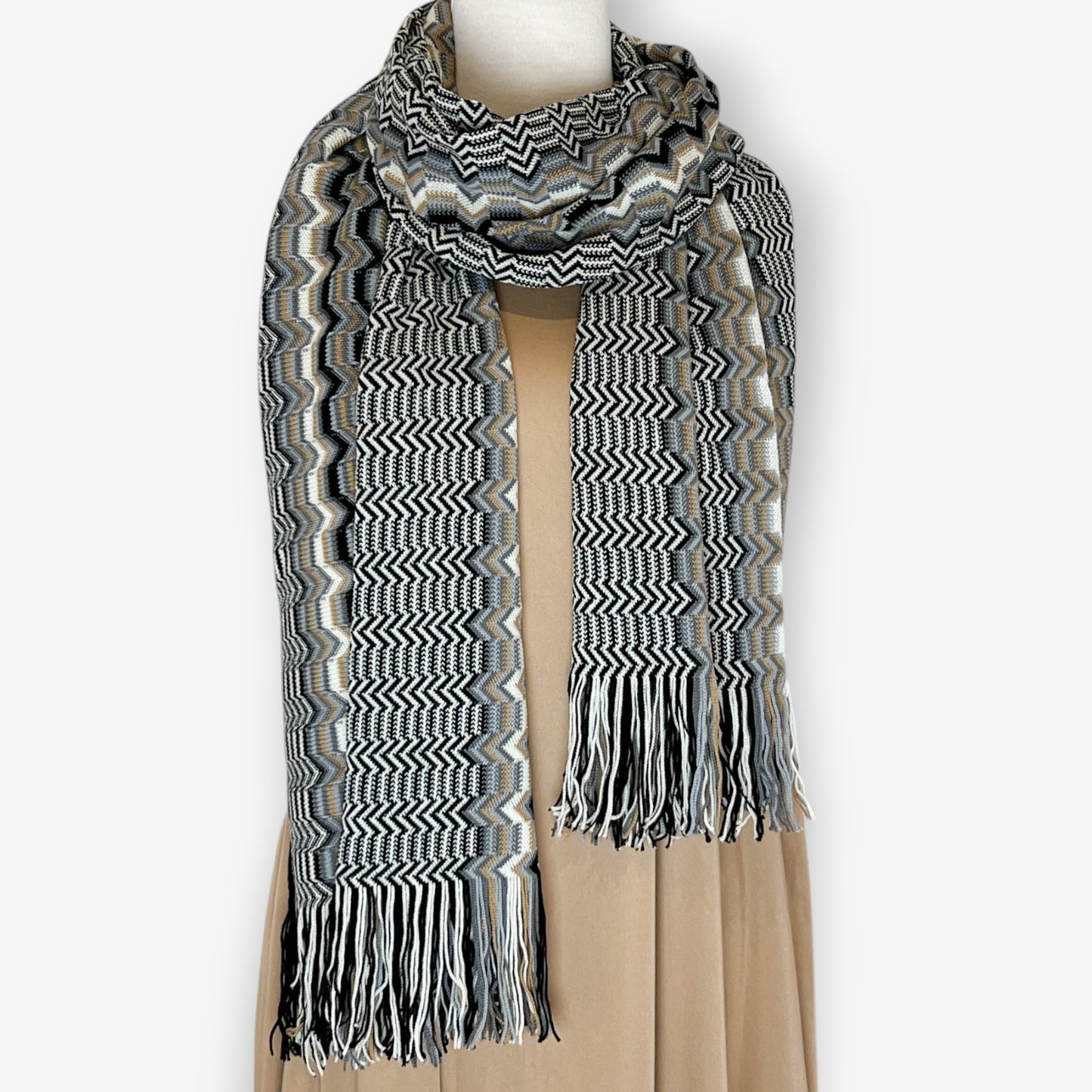 Missoni Black, White, Grey & Gold Knit 100% Wool Scarf