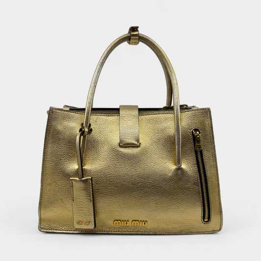 Miu Miu Gold Madras Leather Push Lock Tote Bag