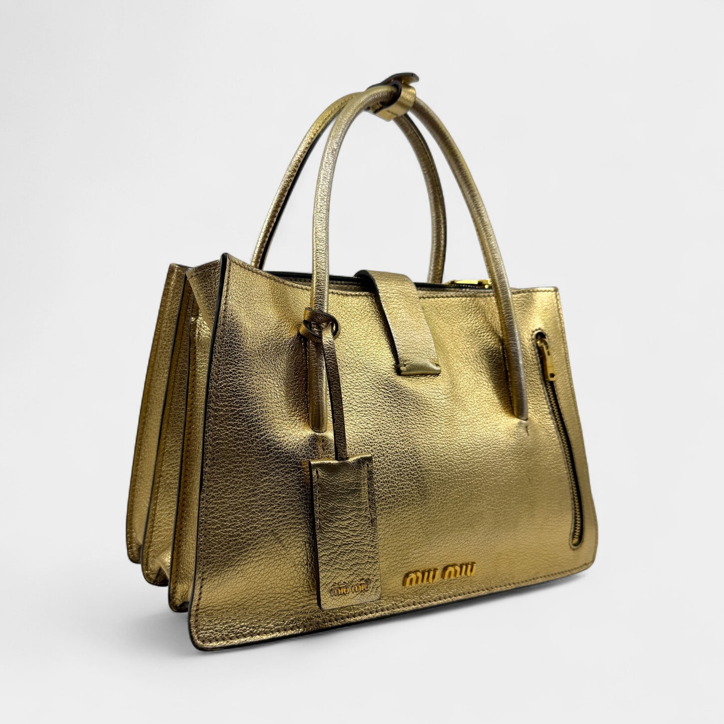 Miu Miu Gold Madras Leather Push Lock Tote Bag