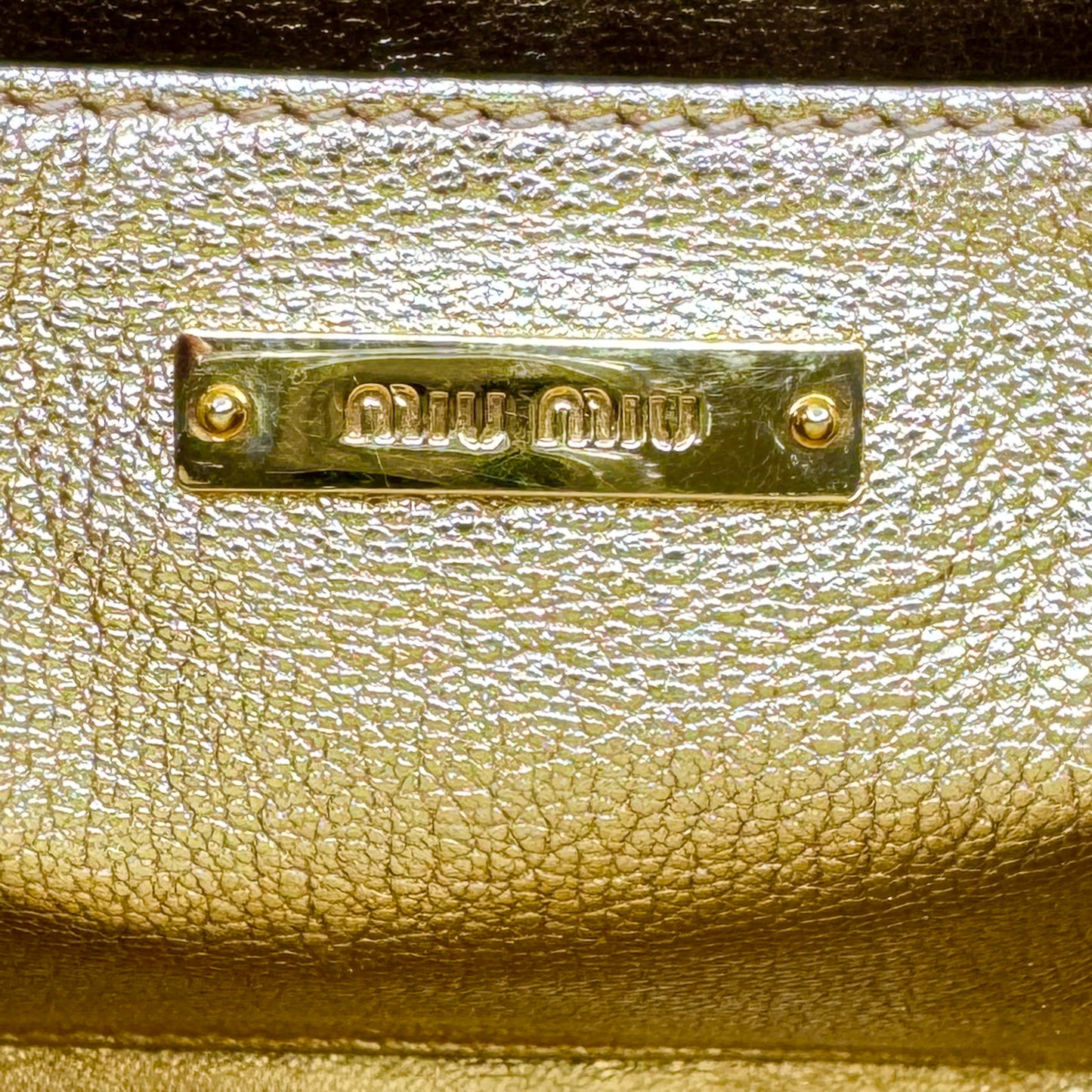 Miu Miu Gold Madras Leather Push Lock Tote Bag