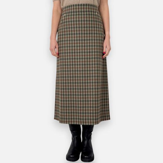 Momoni Italy Brown Green Checked Nabia Midi Skirt IT46 ~ AU12-14 [NEW]