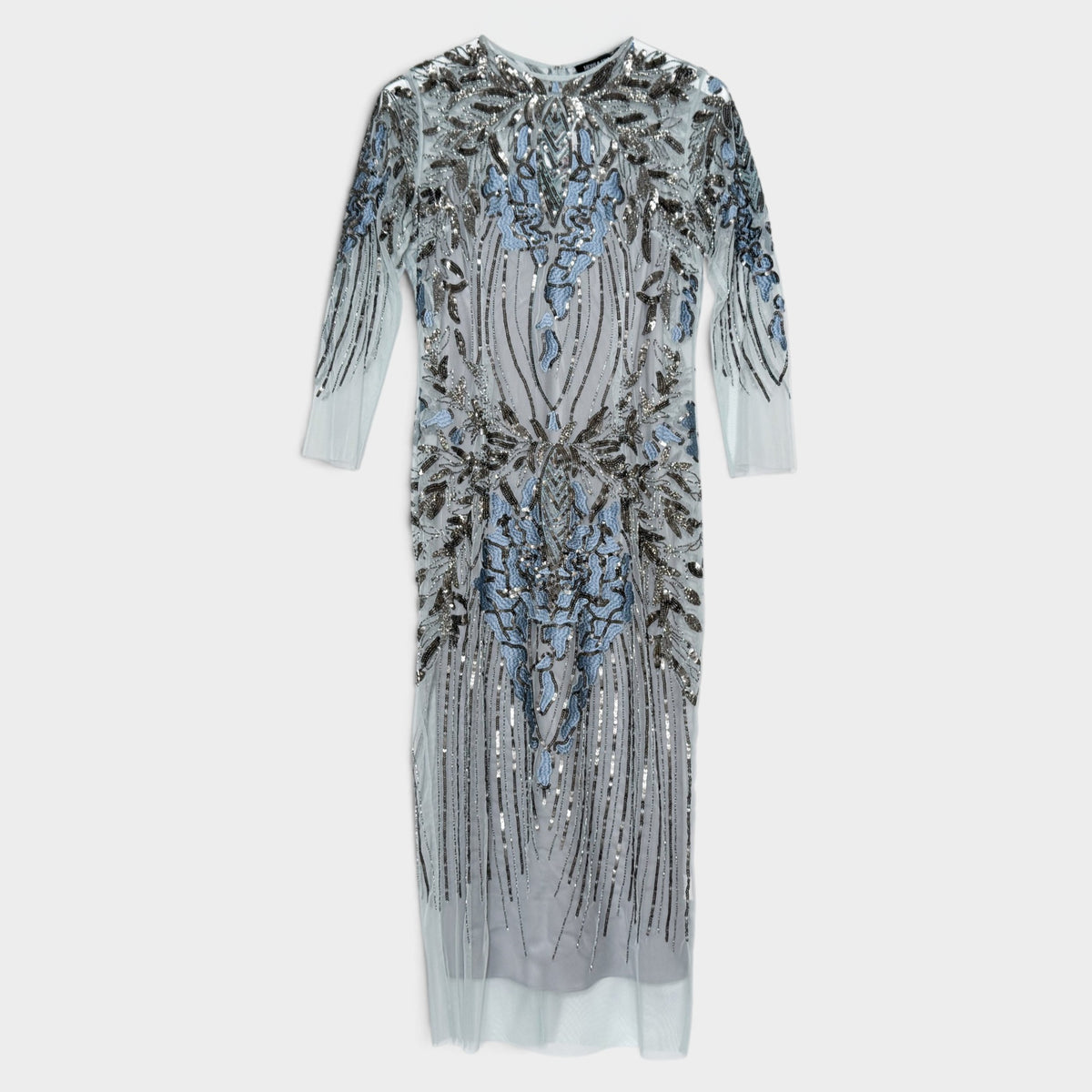 Moss & Spy Luna Shift Blue Silver Beaded Sequin Dress AU10
