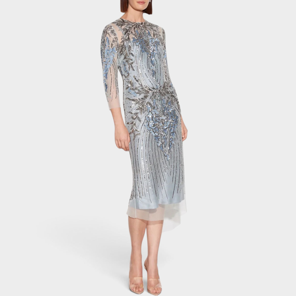 Moss & Spy Luna Shift Blue Silver Beaded Sequin Dress AU10