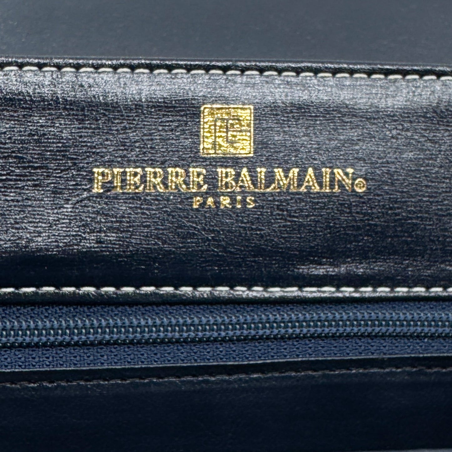 Pierre Balmain Paris 80s Vintage Blue Black Cream Flap Leather Top Handle Bag
