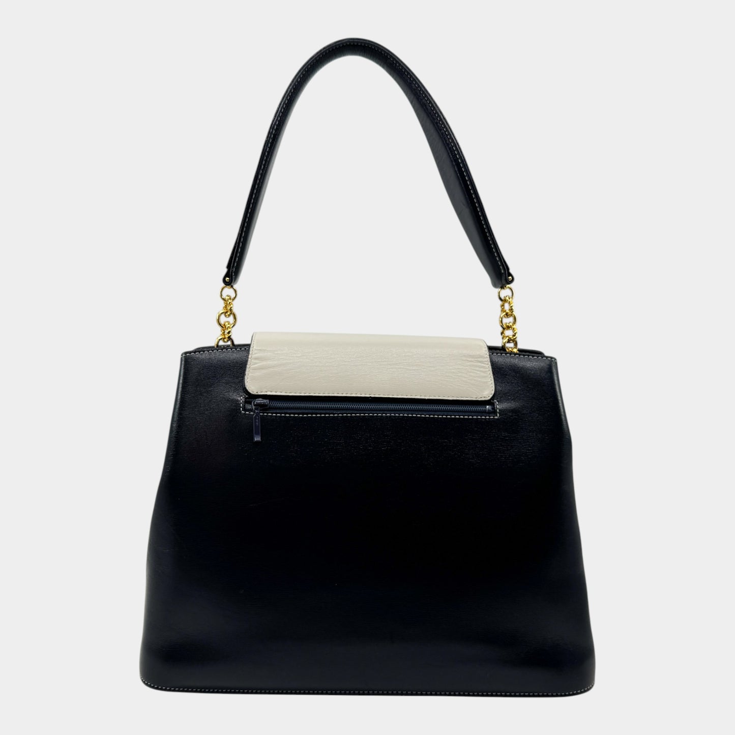 Pierre Balmain Paris 80s Vintage Blue Black Cream Flap Leather Top Handle Bag
