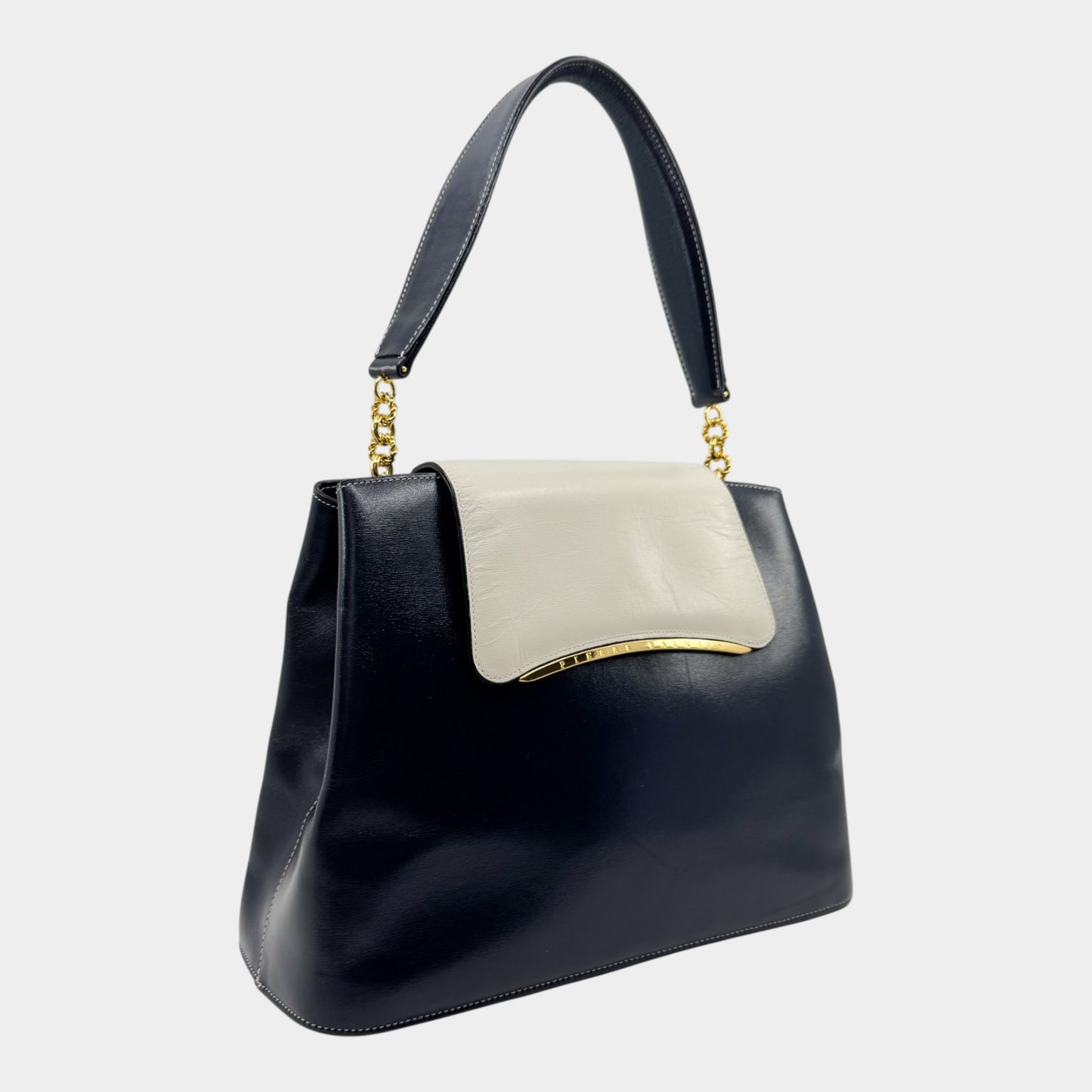 Pierre Balmain Paris 80s Vintage Blue Black Cream Flap Leather Top Handle Bag