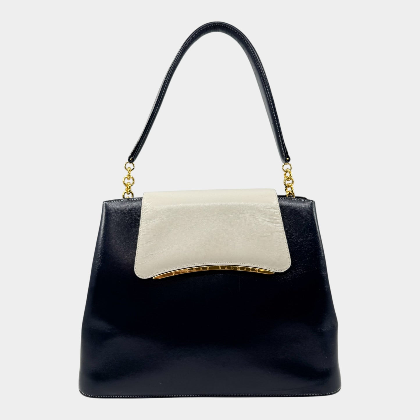 Pierre Balmain Paris 80s Vintage Blue Black Cream Flap Leather Top Handle Bag