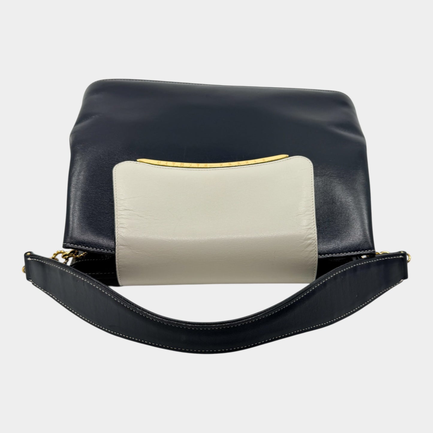 Pierre Balmain Paris 80s Vintage Blue Black Cream Flap Leather Top Handle Bag